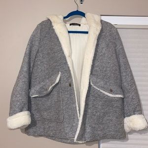 Zara short grey contrast fuzzy coat